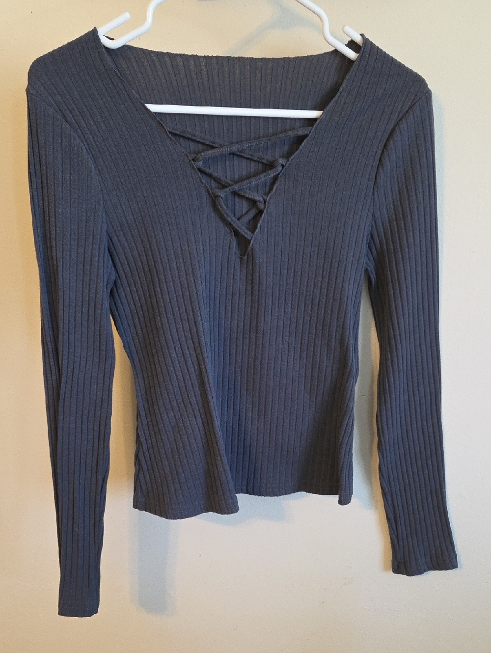 SHEIN Charcoal Ribbed Lace-Up V-Neck Long Sleeve Top